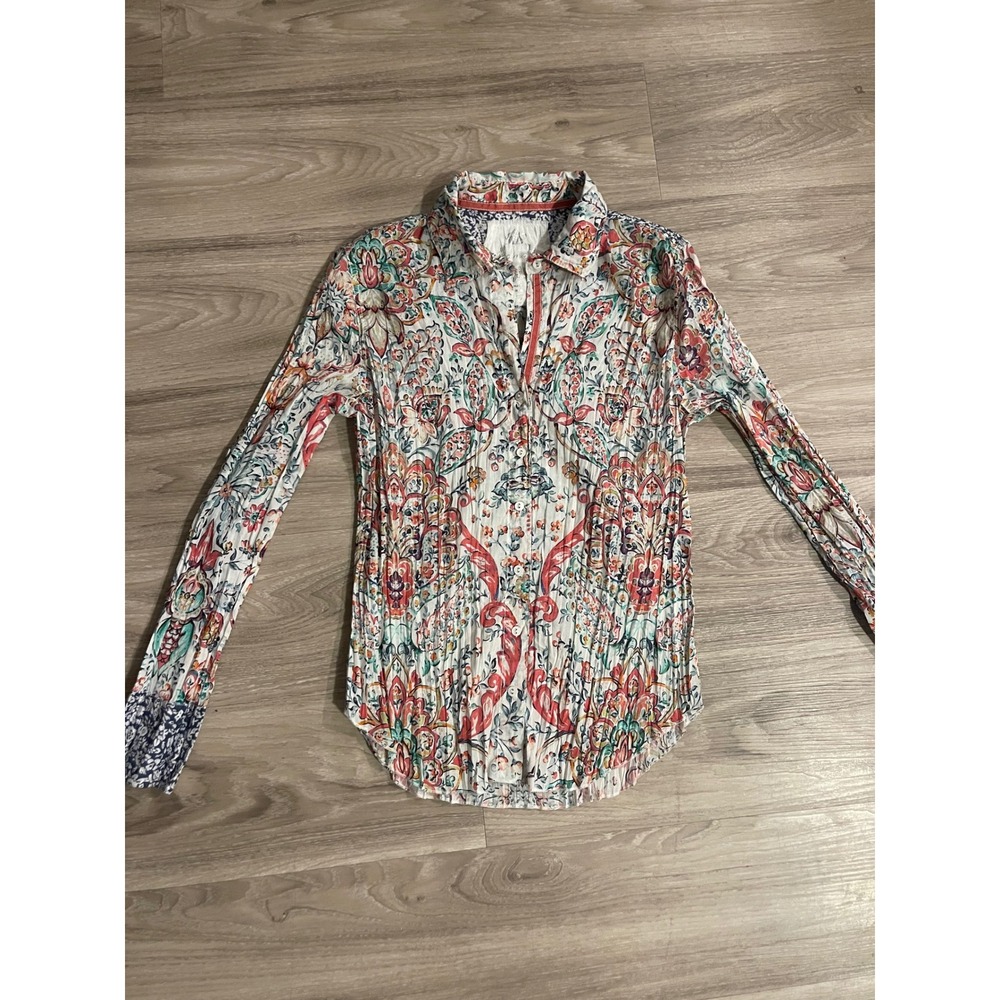 Cino Floral Print Boho Chic Beacy Coastal Cotton Button Down Blouse Luxury